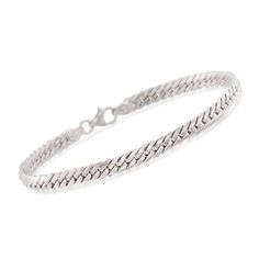 Ross-Simons - Italian 14kt White Gold Cuban-Link Bracelet. 8". On this bracelet, flat Cuban links tightly interlock to create a delicate, woven look. Made in Italy. Lobster clasp, 14kt white gold Cuban-link bracelet. Classic Snake Chain Bracelet For Formal Occasions, Classic Gold Jubilee Bracelet With Snake Chain, Elegant Sterling Silver Snake Chain Bracelet With Lobster Clasp, Formal Snake Chain Bracelet, Classic Formal Braided Bracelet, Classic Link Bracelets With Diamond Cut, Elegant Braided Bangle Bracelet With Sterling Silver Clasp, Elegant Sterling Silver Snake Chain Bracelet, Classic Sterling Silver Chain Bracelet With Diamond Cut