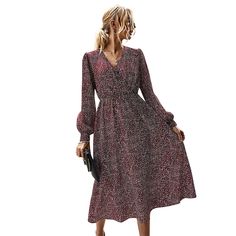 Wine Red V Neck Ruched Waist Long Sleeve Floral Dress Dresses Floral, Long Sleeve Floral Dress, Floral Dresses, Women Dresses, Wine Red, Floral Dress, Dresses With Sleeves, Long Sleeve Dress, Wine