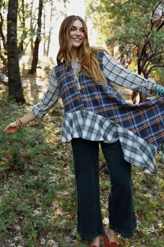 Nomad Wander Plaid Top - Navy Loose Tunic, Sweater Sale, Plaid Tops, Mixing Prints