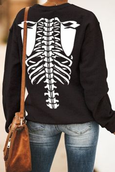 Halloween Skeleton Skull Print Sweatshirt Halloween Crew Neck Streetwear Outerwear, Casual Skull Print Top For Fall, Halloween Skull Sweatshirt In Black, Black Skull Sweatshirt For Halloween, Black Halloween Sweatshirt With Skull, Black Halloween Skull Sweatshirt, Halloween Black Skull Print Outerwear, Halloween Black Outerwear With Skull Print, Halloween Cotton Outerwear With Skull Print