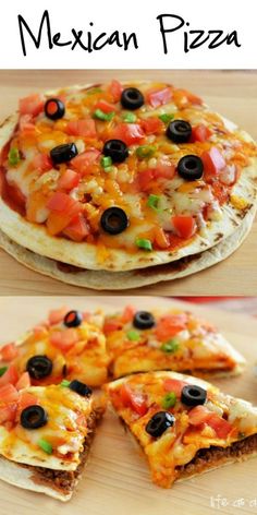 mexican pizza with cheese, black olives and tomato sauce on the top is cut in half