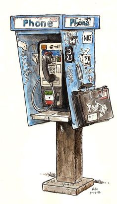 a drawing of a phone booth with two phones