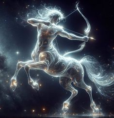 an artistic image of a man riding on the back of a horse with a bow and arrow