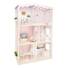 a doll house with all the furniture and accessories in it's pink color scheme