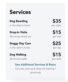 the pricing card for dog boarding services