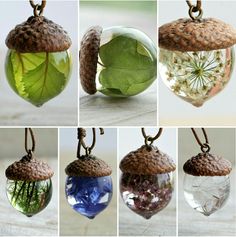 four different pictures of glass ornaments with leaves and acorns hanging from the strings