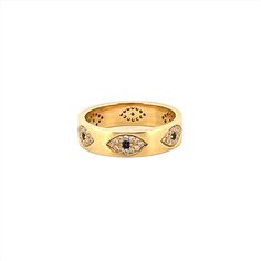 This item will take 2 to 3 weeks to ship! MaterialsGold, Diamond DescriptionThe symbol of the evil eye is said to ward off misfortune and bring about good luck, so now featured in gorgeous 14K gold, we have an eternity band, patterned with evil eyes across the band. Specifications:-Model #: DHODEEET-Metal Type: Yellow, White or Rose-Metal Purity: 14K-Gold Weight: 5.7 grams approx. based on ring size.-Band Width: 5MM-Total Diamond Weight: 0.35 - 0.40 carats, carat weight will change to size accor Yellow Gold Evil Eye Jewelry For Anniversary, 14k Yellow Gold Jewelry With Evil Eye, Luxury 14k Gold Eternity Band With Halo, 14k Yellow Gold Rings With Diamond Eyes, Symbolic Yellow Gold Jewelry With Diamond Eyes, Luxury Yellow Gold Evil Eye Jewelry, Yellow Gold Diamond Evil Eye Jewelry, Yellow Gold Evil Eye Round Ring, Yellow Gold Evil Eye Ring