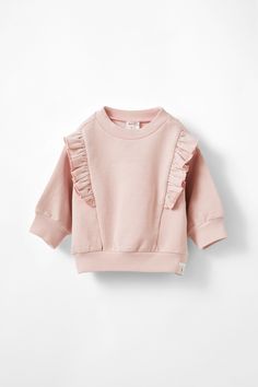 ANNIE DROP SHOULDER RUFFLE SWEATER Winter Crew Neck Tops With Ruffles, Winter Tops With Ruffles And Crew Neck, Casual Cotton Sweater With Ruffles, Pink Ruffled Tops For Winter, Pink Ruffled Winter Top, Spring Cotton Ruffle Sweatshirt, Spring Cotton Sweatshirt With Ruffles, Spring Cotton Ruffled Sweatshirt, Casual Ruffle Crew Neck Sweater