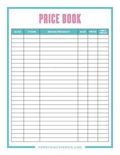 the printable price book is shown in pink and blue