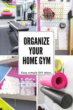 an organized home gym with pink, green and yellow accessories on the wall next to it