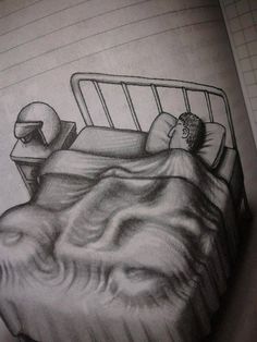 a pencil drawing of a bed with a person sleeping on it and an alarm clock in the background