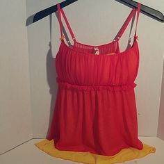 Victoria's Secret Mesh Sheer Ruched Upper Cami With Adjustable Straps Bow Accent. Has Yellow Mesh Underlings Victoria's Secret Sleeveless Sleepwear With Built-in Bra, Red Stretch Camisole For Summer, Red Summer Camisole Sleepwear, Victoria's Secret Red Summer Sleepwear, Red Camisole With Built-in Bra, Red Sleeveless Camisole With Built-in Bra, Red Spaghetti Strap Camisole For The Beach, Red Camisole Top With Built-in Bra, Red Spaghetti Strap Sleepwear For Summer