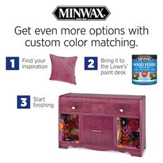 the instructions for how to make a custom color matching cabinet with pillows and other items