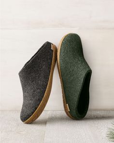 Danish design with clean lines, these farm-to-foot slippers are handmade in pure wool from Denmark and New Zealand. Moisture wicking and temperature regulating, the flexible felted wool molds to the foot for year-round comfort.  By Glerups.  Man-made sole.  Due to the inherent qualities of the wool, there may be traces of vegetable fibers in the felt, and the slippers may shed during the first few days of wear; simply remove. Felt Shoes, Wool Slippers, Garnet Hill, Men's Footwear, Christmas Men, Men's Clothes, Felted Wool, Slipper Shoes, Mens Slippers