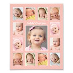 a baby's first year photo card with pictures of babies in pink and white