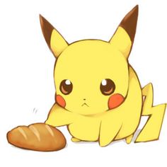 a cartoon pikachu laying on the ground next to a loaf of bread with its eyes wide open