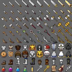 a bunch of different items that are on a gray background, including swords and shields