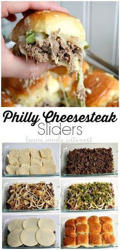 a collage of photos showing different types of cheesesteak sliders with text overlay