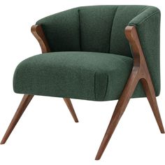 an upholstered green chair with wooden legs and armrests, viewed from the front