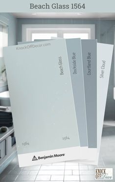 three different shades of gray paint in a kitchen with the words beach class below them