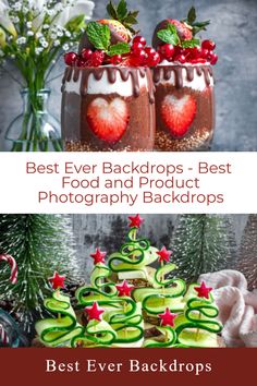 two jars filled with food and surrounded by christmas decorations, including strawberries in them