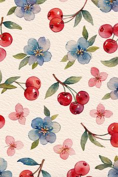 watercolor painting of cherries and flowers on white paper