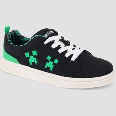 Kids' Boys' Minecraft Court Shoes - Black Non-slip Lace-up Skate Shoes For Sports, Outdoor Synthetic Lace-up Sneakers, Synthetic Sneakers With Round Toe, Synthetic Sneakers With Elastic Laces And Round Toe, Synthetic Lace-up Skate Shoes With Elastic Laces, Sporty Sneakers With Lacing For Outdoor Activities, Outdoor Lace-up Skate Shoes, Sneakers With Elastic Laces For Outdoor Activities, Outdoor Synthetic Skate Shoes With Round Toe