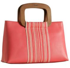 a pink bag with a wooden handle and striped design on the front, sitting against a white background