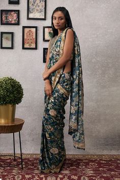 Shop for Soup by Sougat Paul Green Crepe Mehr Printed Pre-draped Saree With Blouse for Women Online at Aza Fashions Modern Sari, Boat Neck Blouse, Drape Saree, Designer Jumpsuits, Green Saree, Indian Fashion Designers, Blouse For Women, Purple Silk, Silk Organza