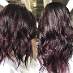 Fall Hair Medium Brown, 2023 Fall Hair Trends Dark, Black Hair With Black Cherry Highlights, Dark Hair Maroon Highlights, Mocha Violet Hair Color Highlights, Dark Brown Hair With Merlot Highlights, Dark Maroon Hair Highlights, Burgundy Hair With Dimension