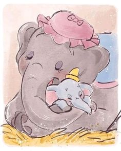 an elephant is hugging a baby elephant with a pink hat on it's head