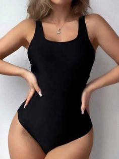 Criss Cross Back Classic One Piece Bathing Suits - SHExFAB Black Seamless Bodysuit For Pool, Black Seamless Bodysuit For Beach Season, Black Stretch One-piece For Poolside, Black Seamless Bodysuit For Vacation, Casual Solid One-piece Swimsuit, Solid Stretch One Pieces For Sunbathing, Black Summer Swimming One Piece, Black Summer One-piece Swimwear, Black Summer One-piece Swimsuit