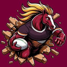 a horse is running through a hole in the ground with a rugby ball on it's back