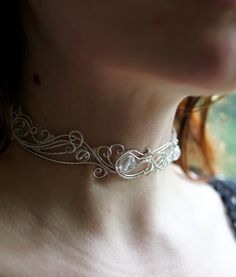 Elegant choker is made of silverplated wire. It is easily adjustable for any size with an extender chain at the back. Сompletely handmade. Handmade Fantasy Choker As Gift, Handmade Fantasy Choker For Gifts, Adjustable Delicate Jewelry For Festivals, Delicate Adjustable Choker Jewelry, Delicate Adjustable Jewelry For Festivals, Handmade Sterling Silver Choker In Silver, Adjustable Filigree Jewelry For Party, Ethereal Adjustable Jewelry For Festivals, Adjustable Elegant Sterling Silver Choker