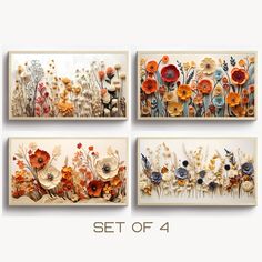 four paintings with flowers on them and the words set of 4