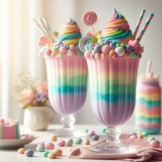 two glasses filled with candy and marshmallows on top of a white table