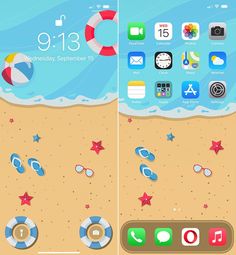 two screens showing the same beach scene as well as an iphone screen with various icons