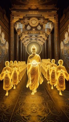 an image of buddhas in the middle of a room with gold paint on it