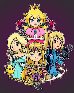 Peach, Samus, Rosalina & Zelda by artsy-alice Katamari Damacy, Advance Wars, Nintendo Characters, Samus Aran, Super Smash Brothers, Smash Brothers