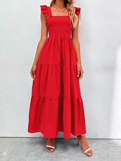 Women Maxi Dresses Summer, Red Summer Dresses, Cami Maxi Dress, Boho Summer Dresses, Red Dress Maxi, Modest Clothing, Boho Floral Dress, Ruffle Hem Dress, Long Summer Dresses