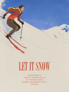 a man riding skis down the side of a snow covered slope with words written on it