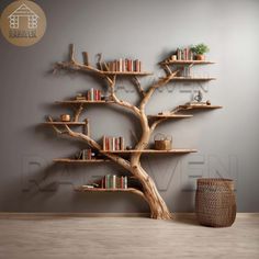 a tree with bookshelves on it in front of a wall mounted book shelf