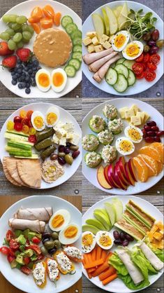 four plates with different types of food on them