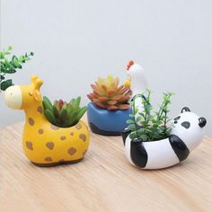 three ceramic animal planters on a table with succulents and cacti