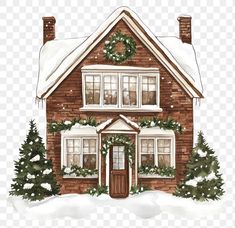 a house with christmas wreaths on the front and side windows, in the snow