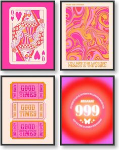 four cards with different designs on them in pink, yellow and orange colors are shown