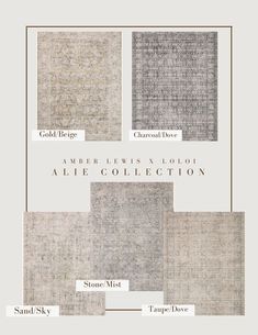 an advertisement for the new collection of rugs and carpets in shades of gray, beige, and white