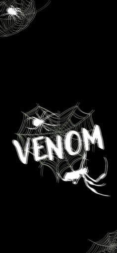 the word venom written in white on a black background with spider webs around it