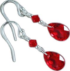 Red Drop Crystal Earrings As Gift, Red Teardrop Crystal Earrings, Red Sterling Silver Dangle Crystal Earrings, Red Sterling Silver Crystal Drop Earrings, Red Sterling Silver Drop Crystal Earrings, Red Hypoallergenic Drop Jewelry, Hypoallergenic Red Drop Jewelry, Faceted Teardrop Red Jewelry, Red Hypoallergenic Teardrop Earrings