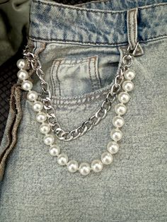 This silver jeans chain is the hot fashion accessories. The 12" lengths belt chain doubles as a bag chain, key chains and mobile phone accessories that will add a touch of elegance to any outfit.  Key Features: - Can be used as a Perl belt chain, bag chain, necklace, mobile phone accessories or keychain - Pearls matches with any outfit - Perfect gift for moms or friends Made with high-quality faux pearl beads and silver plated materials, this Pearl jeans belt is durable and long-lasting. It's the perfect addition to your collection of fashion accessories and also makes for an excellent gift option goes with transparent mobile phone hook Belt Chain Diy, Metal Pearl Chain Jewelry Fashion Accessory, Belt Chains, Silver Belt Chain, Jeans Chain Beads, Diy Chain Belt, Beaded Belt Chain, Pearl Chain Belt, Chain Jeans